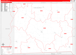Van Buren County, IA Wall Map Zip Code Red Line Style 2024